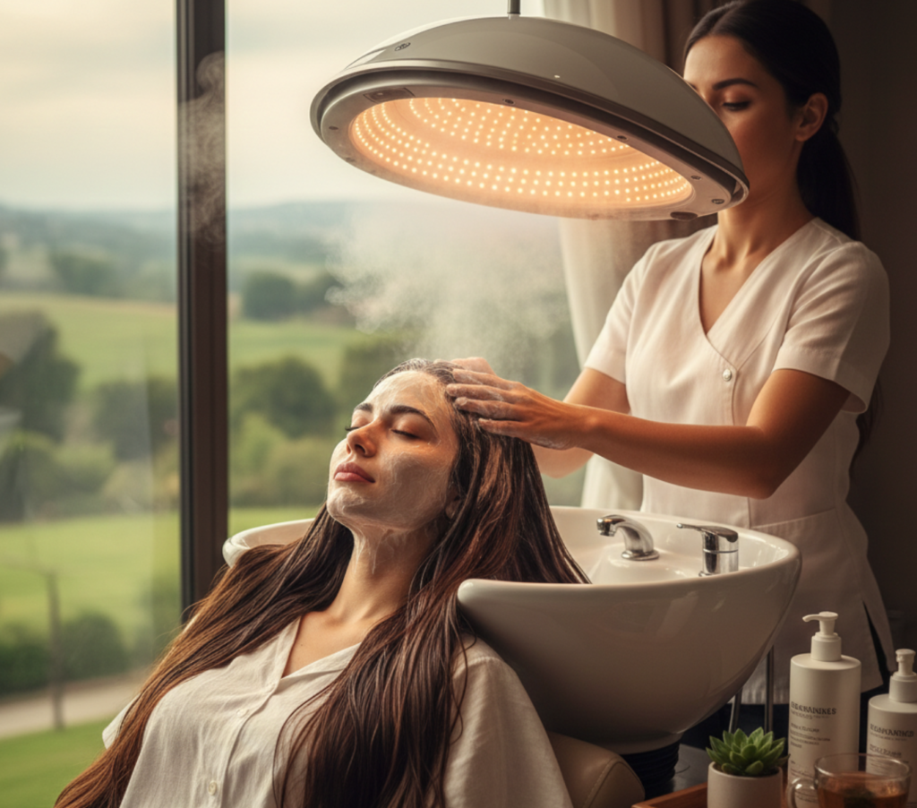 Aplicación de un tratamiento capilar profesional en un salón de belleza de lujo en Bogotá.