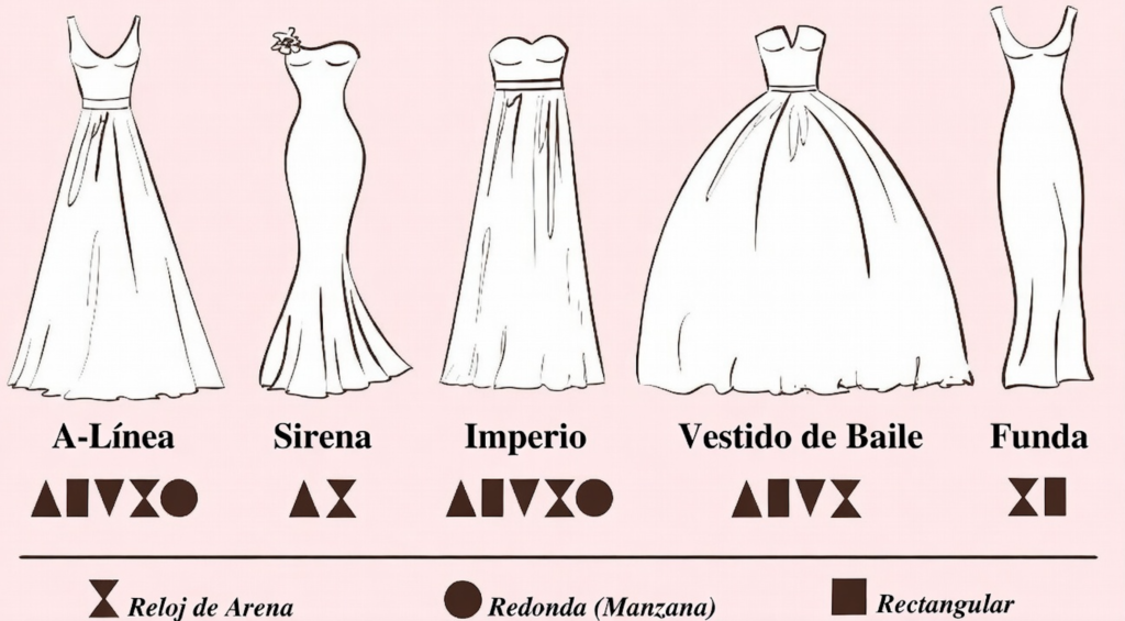 "Infografía con 5 estilos de vestidos de novia según tipo de cuerpo: A-Línea, Sirena, Imperio, Vestido de Baile y Funda. Muestra siluetas y símbolos para reloj de arena, redonda y rectangular."