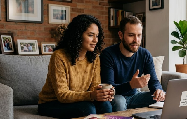 Pareja de novios realizando el cursillo prematrimonial virtual Bogotá en su hogar con laptop y Zoom.