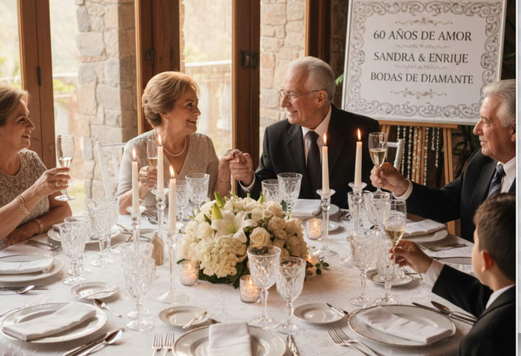Celebración de bodas de diamante con una pareja de adultos mayores en la Sabana de Bogotá.