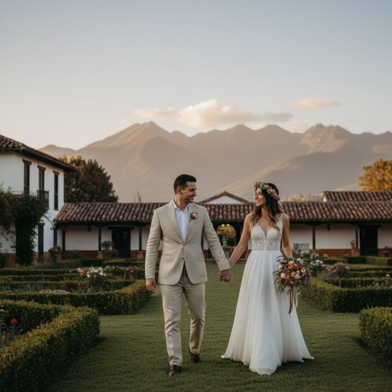 Pareja caminando en una hacienda exclusiva durante sus bodas de destino Cundinamarca.