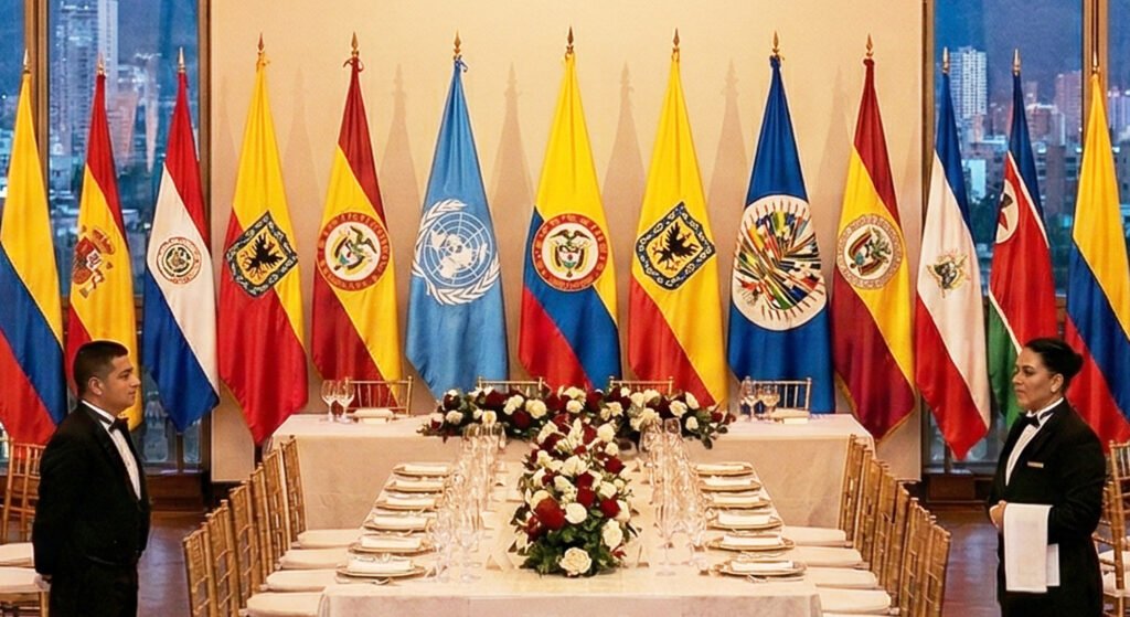 Logística para eventos oficiales en Bogotá coordinada por Sandra y su equipo con protocolos militares.