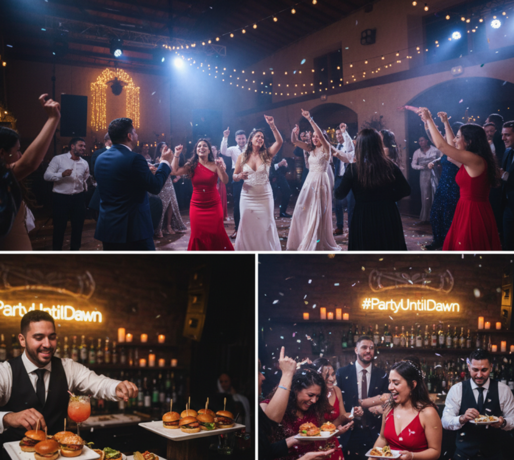 : Invitados disfrutando de un remate de bodas Bogotá con comida gourmet de media noche.