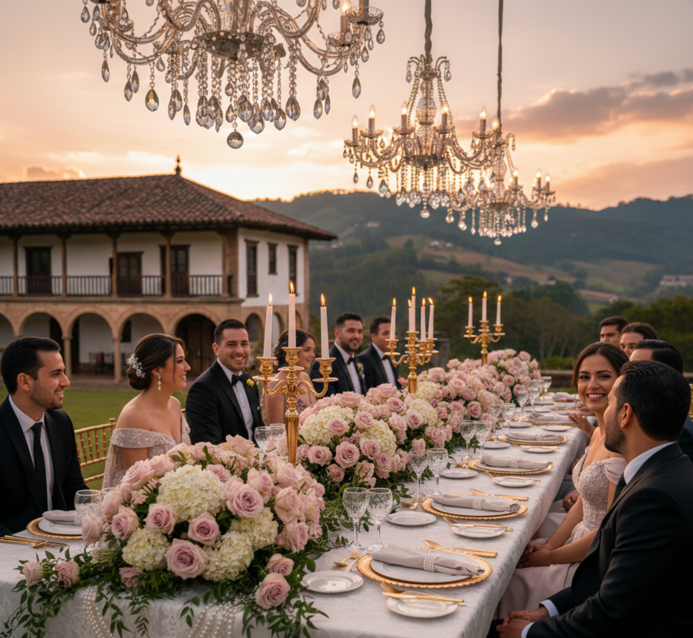 Decoración de boda tendencia Rococó Glam 2026 en hacienda de la Sabana de Bogotá con mesas imperiales, candelabros dorados y flores pastel.