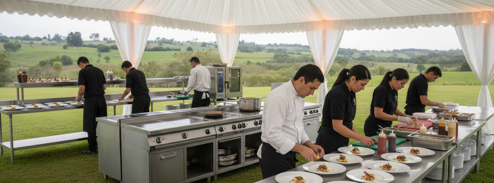 Operación de logística de banquetes en haciendas con el equipo de Carlos en la Sabana de Bogotá.