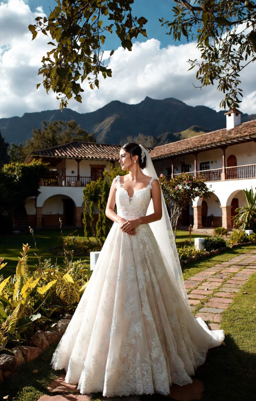 Novia caminando por los jardines de una de las haciendas para bodas en la Sabana de Bogotá durante el atardecer.