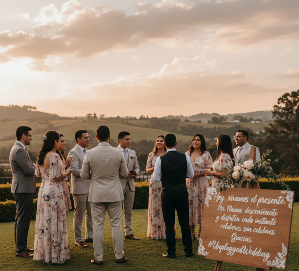 Guía sobre cómo organizar una boda unplugged en Bogotá con invitados elegantes en una hacienda.