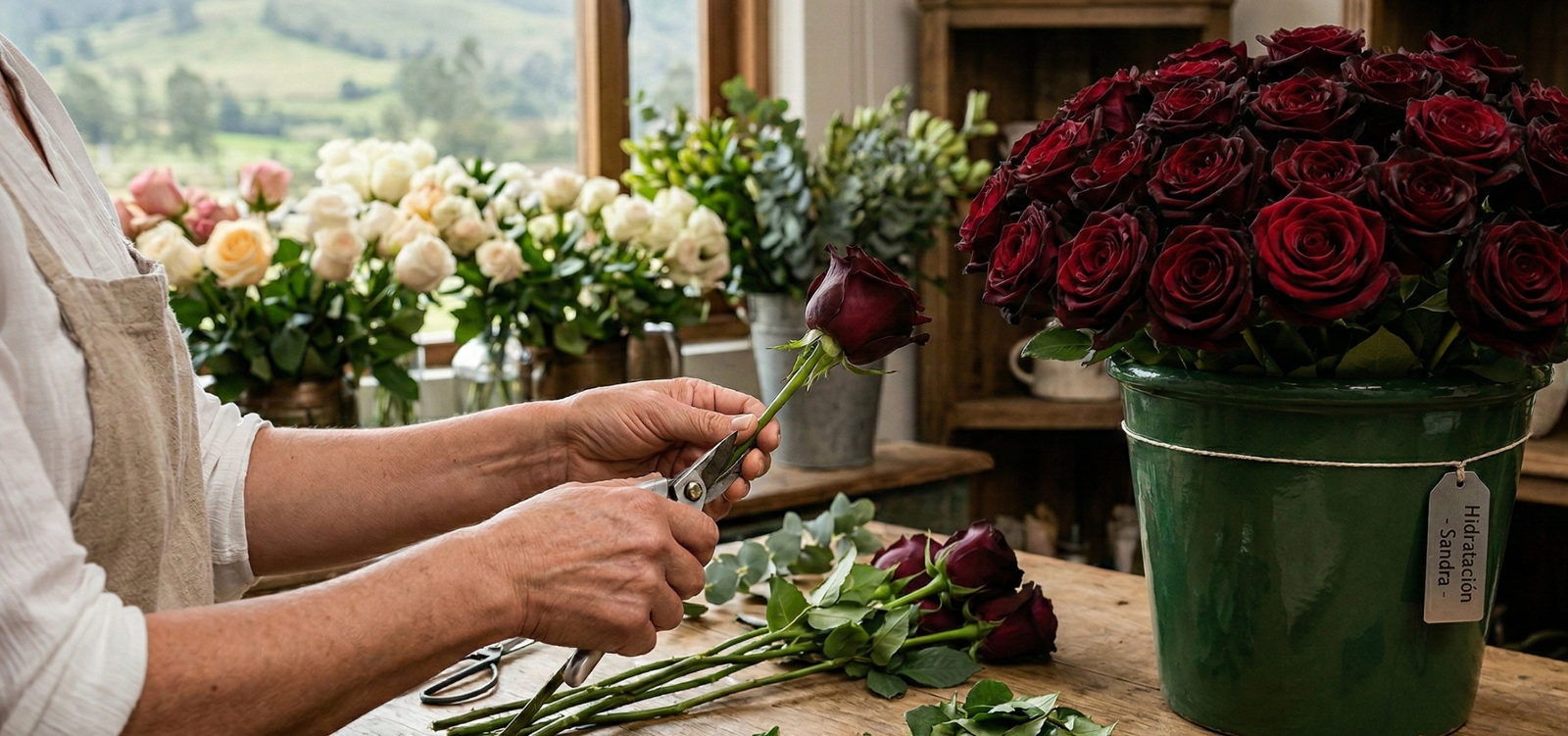 Sandra, Wedding Planner en Bogotá, realizando la clasificación e hidratación floral para un grado elegante.